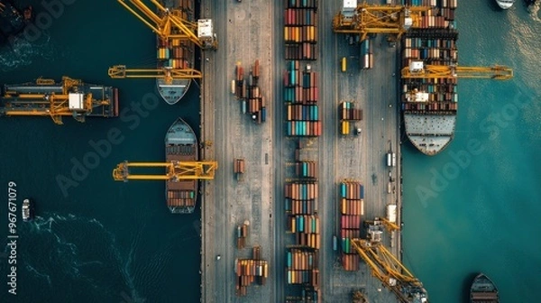 Obraz Aerial view of a busy port with cranes and shipping containers.