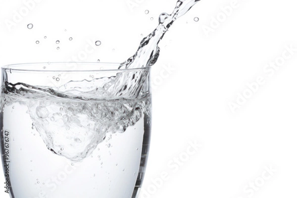 Obraz Close-up of water pouring into a transparent glass with droplets splashing around isolated on white background