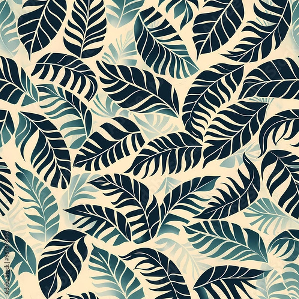 Fototapeta A vibrant pattern featuring dark green and teal tropical leaves against a soft beige background, perfect for design inspirations.