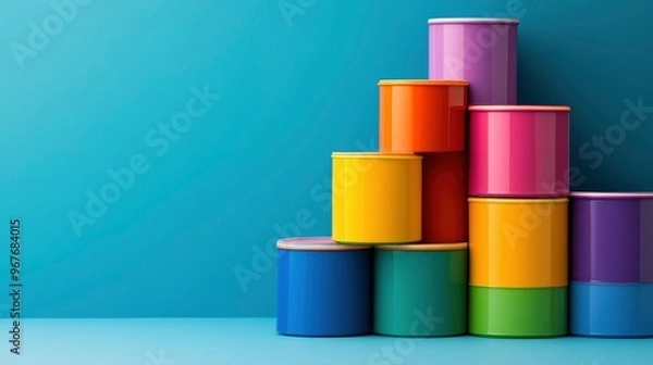 Obraz Colorful Cylinders Stacked in a Pyramid Shape on a Blue Background