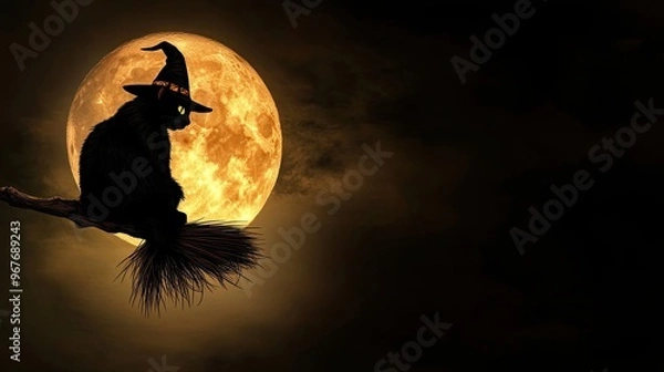 Obraz Black Cat Witch Silhouette with Full Moon