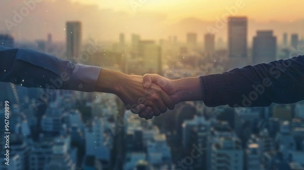 Fototapeta Two people shaking hands above a cityscape at sunset, symbolizing a successful business agreement.