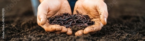 Fototapeta Close-up of hands holding rich soil with live worms, symbolizing healthy composting and ecosystem balance.