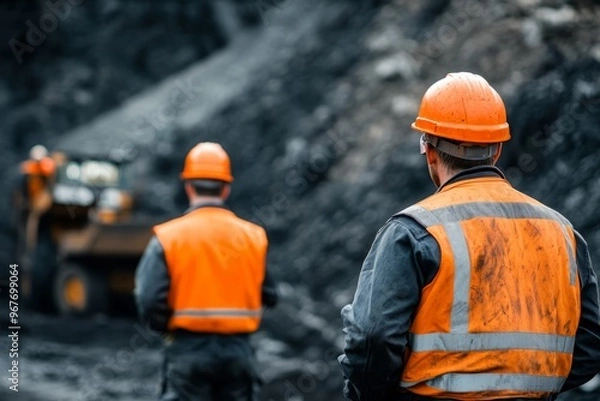 Fototapeta Back view of a mining engineer at a mine site. Male workers in mining