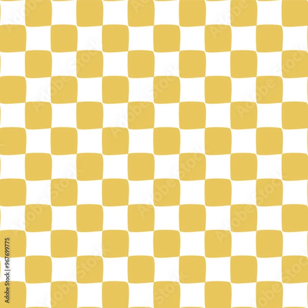 Obraz Lightly irregular checkered yellow background. Abstract vector seamless pattern. Retro wavy psychedelic checkerboard