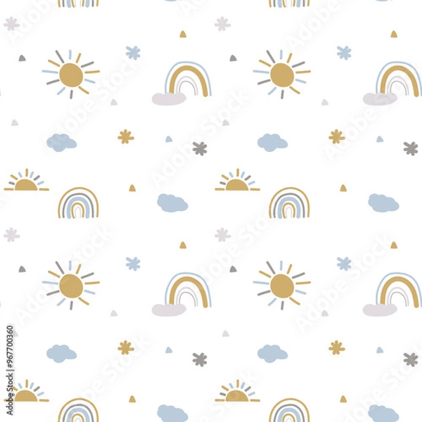 Fototapeta Vector seamless pattern. Cute Rainbow, Sun and Clouds on white background. Baby pattern on white background in boho style. EPS10 vector illustration