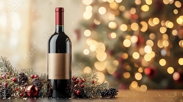 Fototapeta A festive red wine bottle adorned with holiday decorations, perfect for celebrating Christmas and New Year's gatherings.