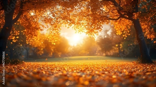 Fototapeta A vibrant autumn nature scene with trees shedding their golden leaves, a peaceful meadow in the distance, and sunlight filtering through the branches.