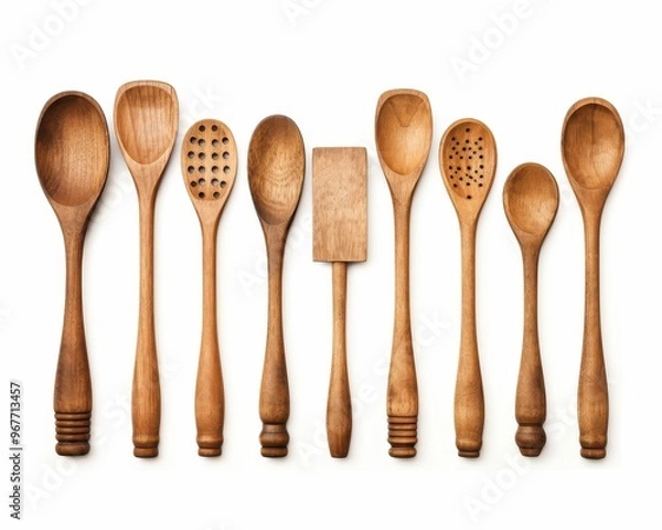 Fototapeta A collection of various wooden spoons arranged in a row, showcasing unique shapes and designs, perfect for cooking enthusiasts.