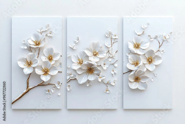 Obraz Oil paintings artwork, floral spring scenics triptych, blooming sakura branch