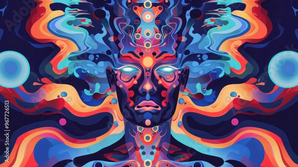 Fototapeta This artwork showcases a human figure with illuminating eyes, enveloped by dynamic, colorful swirls and cosmic designs that evoke a sense of wonder