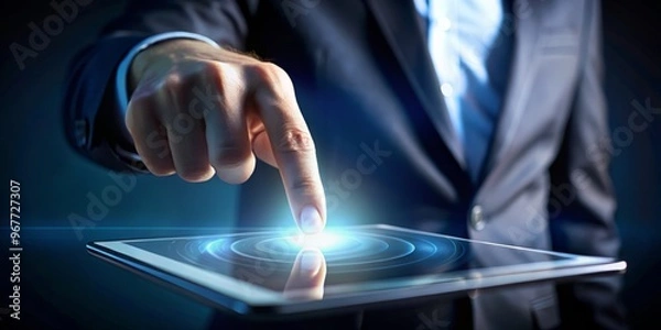 Fototapeta A close-up shot of a single finger gently pressing a virtual screen, with a subtle glow emanating from