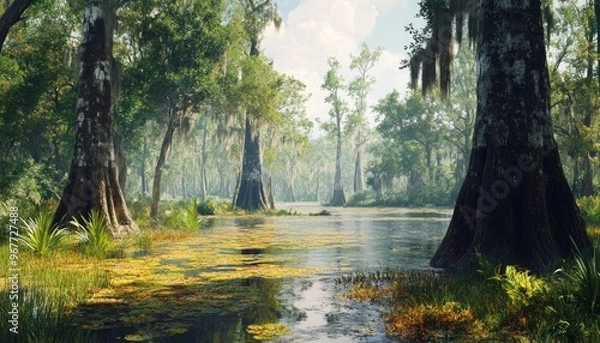 Obraz Bald Cypress Trees with Spanish Moss in a Tranquil Wetland Setting
