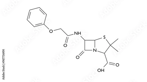 Fototapeta penicillin v molecule, structural chemical formula, ball-and-stick model, isolated image antibiotic