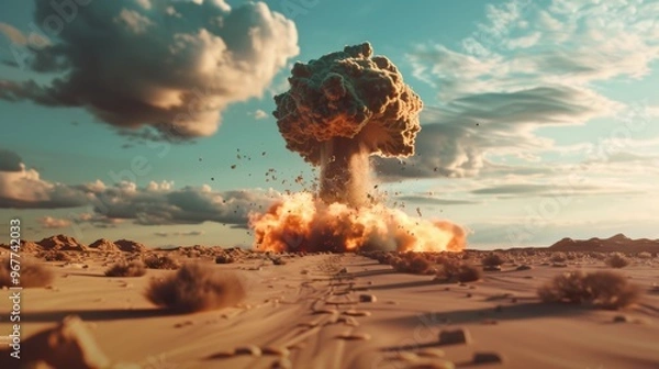 Fototapeta Desert landscape with large smoke and fire explosion. A dramatic scene suitable for illustrating environmental disasters, wildfires, or emergency situations.