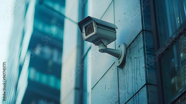 Fototapeta Security camera on modern building. Professional surveillance cameras. CCTV on the wall in the city. Security system, technology. Video equipment for safety system area control outdoor