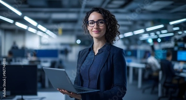 Fototapeta An empowered multi-ethnic woman in a portrait works as a software engineer and IT manager, blending her roles as a businesswoman.