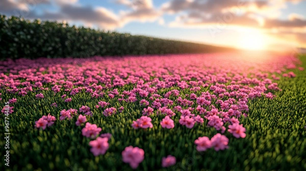Fototapeta manicured lawn bordered by lush flowerbeds, basking in bright sunlight. The greenery and colorful blossoms create a peaceful, inviting atmosphere, embodying serenity and natural beauty