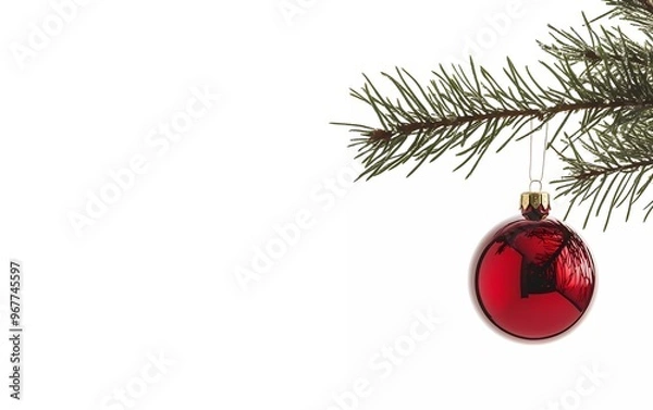 Fototapeta Single red Christmas glass ball hanging on a pine tree branch, isolated on white with copy space