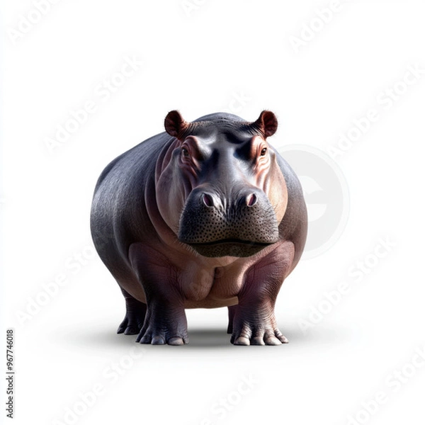 Fototapeta A detailed front-facing view of a hippo standing on a white background, emphasizing its large, robust body and features.