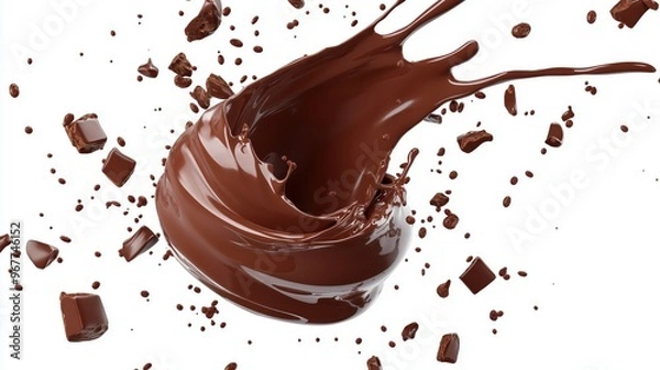 Fototapeta A dynamic swirl of liquid chocolate with broken chocolate pieces and crumbs flying in motion. The glossy, rich chocolate creates an energetic and indulgent visual against a white background.
