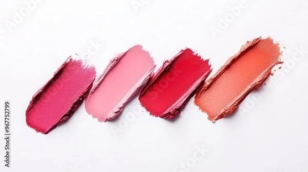 Fototapeta Set of Four Lipstick Swatches on a Clean White Background Displaying Bold and Vibrant Color Variations. Beauty and Makeup Product Showcase Highlighting Different Shades for Cosmetic and Skincare Enthu