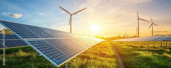 Obraz Solar panels and wind turbines in nature. Energy panorama banner. Generative AI.