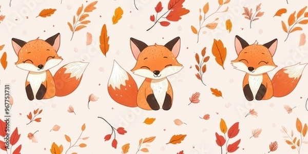 Fototapeta Seamless Kawaii Animal Pattern with Autumn Leaves on Pink Background