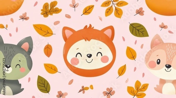 Fototapeta Seamless Kawaii Animal Pattern with Autumn Leaves on Pink Background