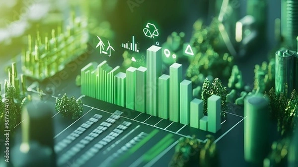 Fototapeta Eco-Friendly Report with Green Bar Graphs and Climate Action Symbols