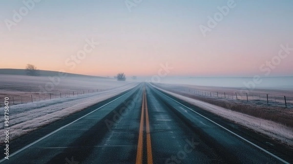 Fototapeta Foggy morning highway, dew-kissed grass, tranquil atmosphere, soft light enveloping the landscape, inviting journey through serene nature.