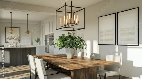 Fototapeta A contemporary dining room interior with a wooden table, modern chairs, and a statement light fixture