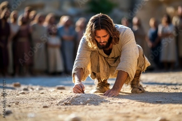 Fototapeta Jesus forgiving the woman caught in adultery, writing in the sand while the crowd slowly disperses, her sins forgiven