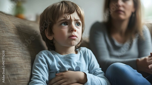 Fototapeta A young child sitting on a couch clutching their stomach, tears welling in their eyes, with a parent beside them, concerned, holding their hand