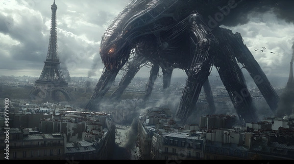 Fototapeta Huge Biomechanical evil monsters take over Paris, under the Eiffel tower, terrorising the city made of metal, steel and electronics of alien natureHuge Biomechanical evil monsters, Generative AI