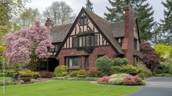 Fototapeta A charming brick Tudor style home with a manicured lawn, stone walkway, and vibrant landscaping.
