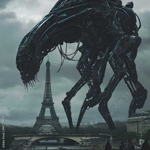 Fototapeta Huge Biomechanical evil monsters take over Paris, under the Eiffel tower, terrorising the city made of metal, steel and electronics of alien natureHuge Biomechanical evil monsters, Generative AI