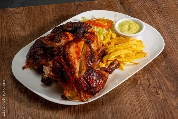 Fototapeta Deliciously charred and smoky Pollo a la Brasa (grilled chicken) served whole and in pieces, accompanied by crispy fries, fresh salad, and a flavorful dipping sauce. A classic Latin American dish, coo