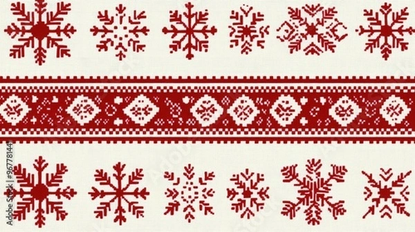 Obraz A seamless Christmas background with traditional Scandinavian patterns in red and white, creating a warm, cozy feel