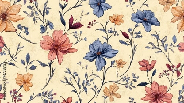 Fototapeta A seamless floral pattern featuring intricate, delicate blooms in vibrant colors, ideal for textiles and wallpaper