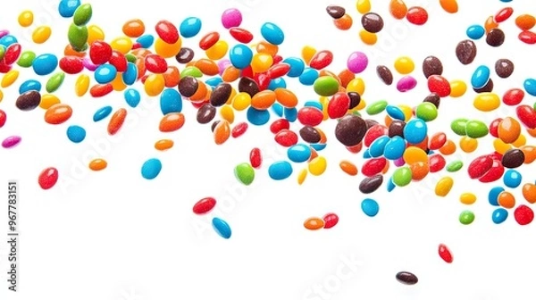 Fototapeta Colorful candy pieces falling from above, vibrant and fun, isolated on a white background, mid-air capture