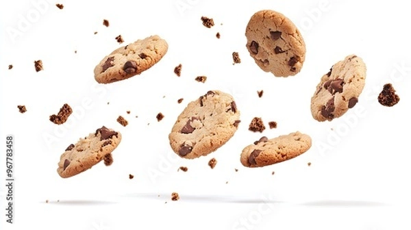 Fototapeta Cookies falling from above, crunchy and sweet, mid-air capture, isolated on white