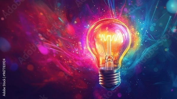 Obraz A glowing lightbulb set against a colorful abstract background, symbolizing ideas and creativity, with bright hues and dynamic patterns surrounding the bulb