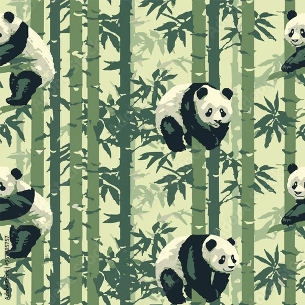 Fototapeta Seamless pattern pandas sit on bamboo branches on a green background in cartoon style