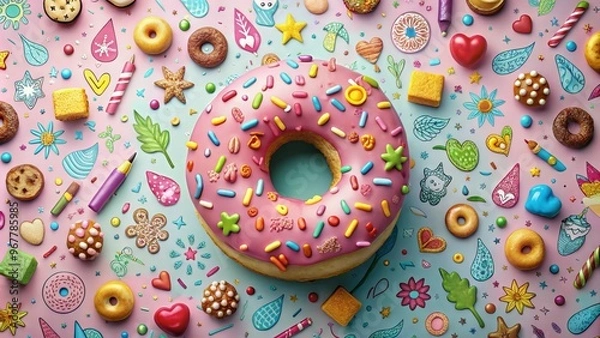 Fototapeta Colorful illustration of a sweet doughnut with sprinkles and a bite taken out, surrounded by playful clip art