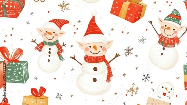 Fototapeta A seamless pattern of cute, hand-drawn Christmas elves, snowmen, and presents, ideal for children's holiday designs