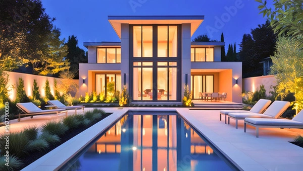 Fototapeta Evening Front View of Modern Luxurious Home with Pool, Ambient Lighting, Glass Windows, Outdoor Lounge, Fire Pit, Lush Landscape, Illuminated Pathways, and Elegant Poolside Design