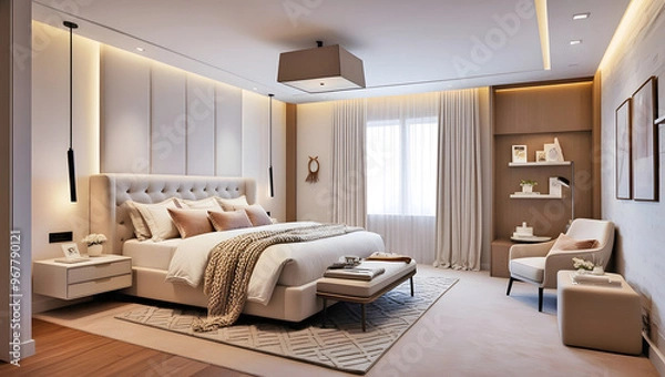 Fototapeta Minimalist Cozy Modern Bedroom Interior with Plush Bed, Neutral beige and white Color Palette, Ambient Lighting, Hardwood Floors, Reading Nook, Tufted Headboard, and Natural Light , Serene Retreat