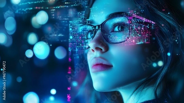 Obraz A young woman wearing glasses is surrounded by glowing data and code, creating an immersive visual experience that symbolizes the futuristic world of technology