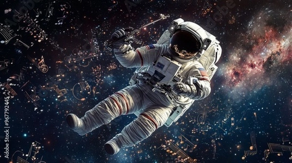 Fototapeta Astronaut Floating in Space with Musical Notes